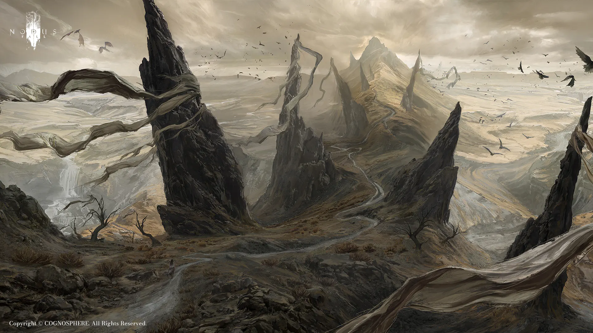 Nodusfall Mythic Fragments artwork showing jagged stone spires in a pale desert landscape