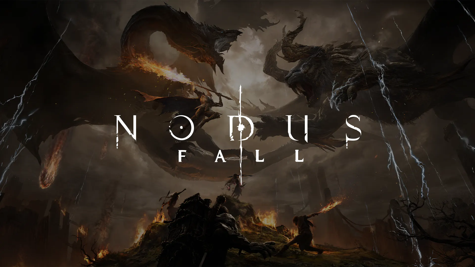 Nodusfall official combat art showing unnamed fighters facing large dragon-like creatures